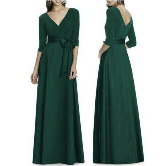 Alfred Sung V-Neck 3/4 Sleeve Jersey Mikado Belted Gown 0 Hunter Dress NWT B66 - Picture 1 of 6